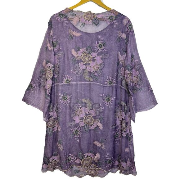 Soft Surroundings Floral Embroidered Silk Tunic XL Purple Fairy Whimsical Boho - Picture 2 of 9